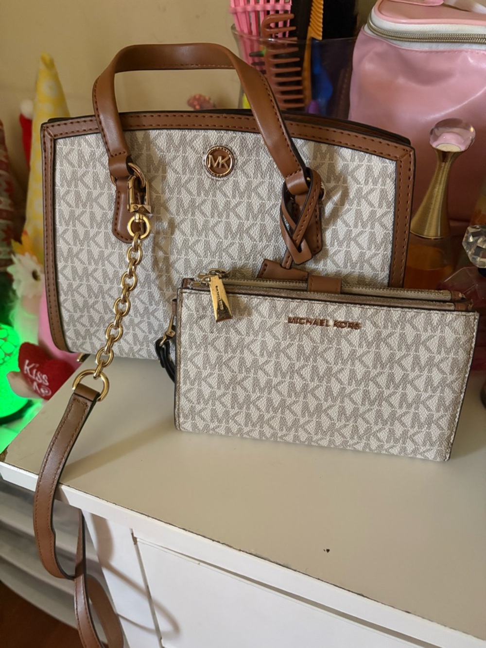 Michael Kors Cream Signature Satchel with Brown Trim and Wristlet